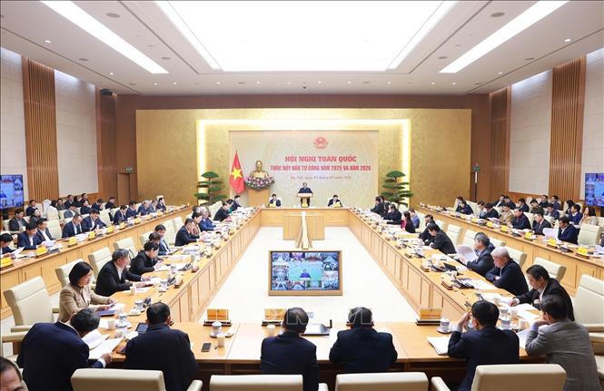 Hội nghị trực tuyến toàn quốc thúc đẩy đầu tư công năm 2025 và năm 2026. Ảnh: Dương Giang/TTXVN