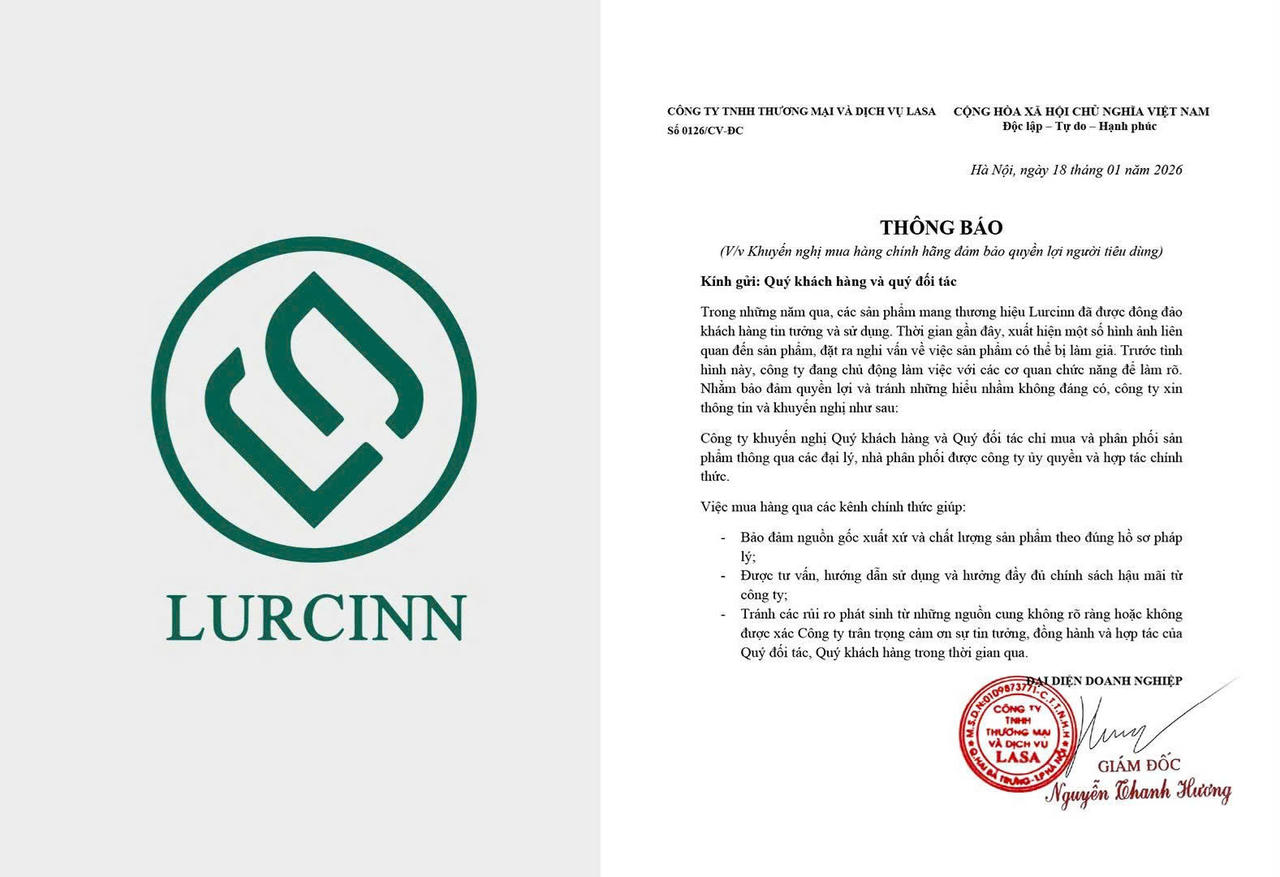 Lurcinn khuyến cáo người tiêu dùng mua sản phẩm chính hãng từ hệ thống đại lý chính thức