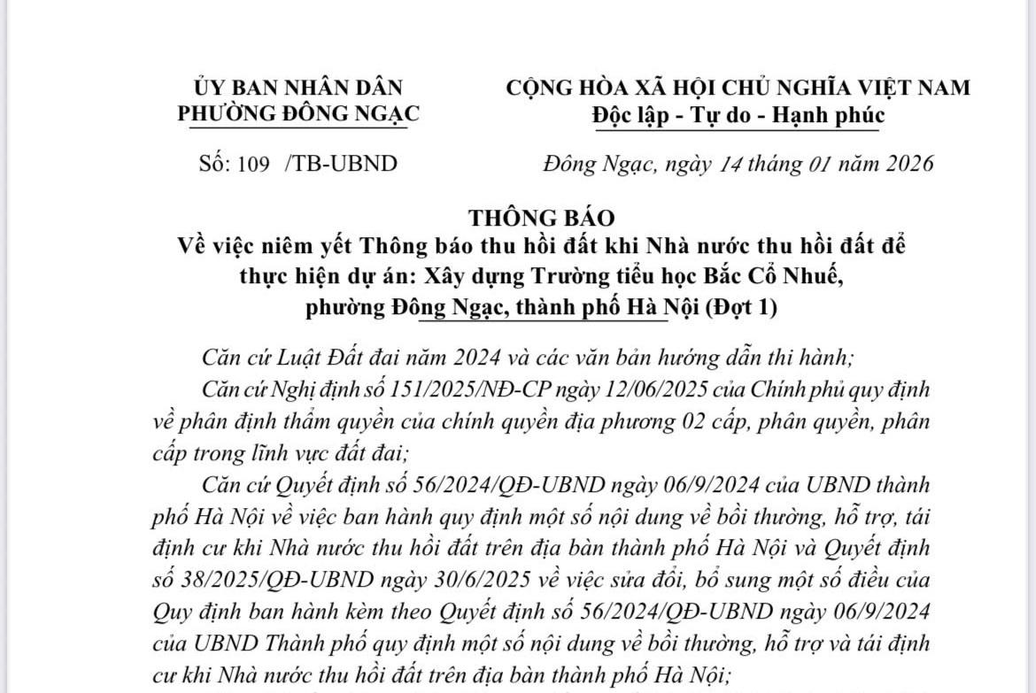 Hà Nội: UBND phường Đông Ngạc thông báo về việc niêm yết Thông báo thu hồi đất để thực hiện dự án Xây dựng Trường tiểu học Bắc Cổ Nhuế