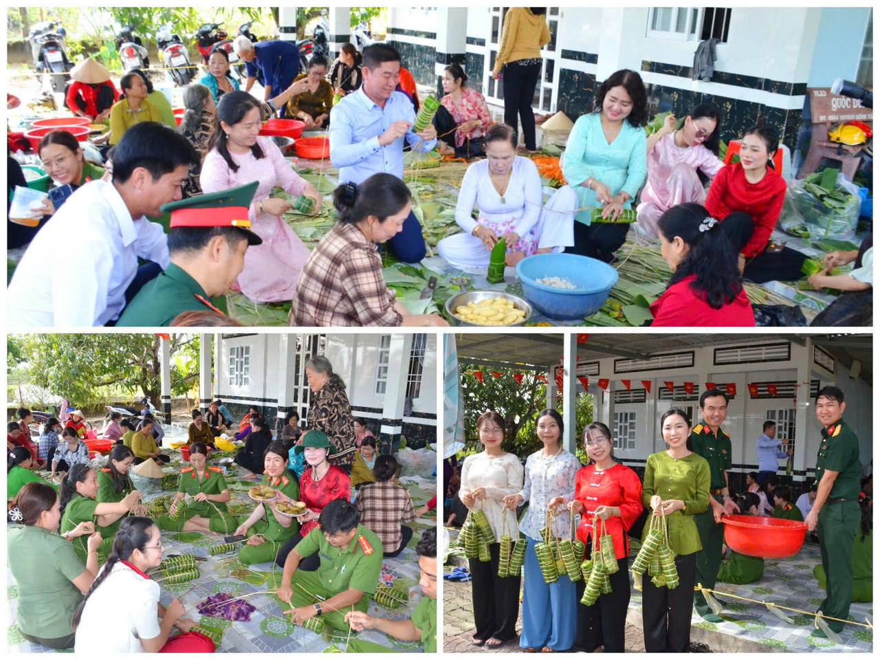 Gói và nấu bánh tét tại lễ ra quân Tết Quân - Dân năm 2026 tại ấp Thạnh Hưng II, xã Vĩnh Mỹ.