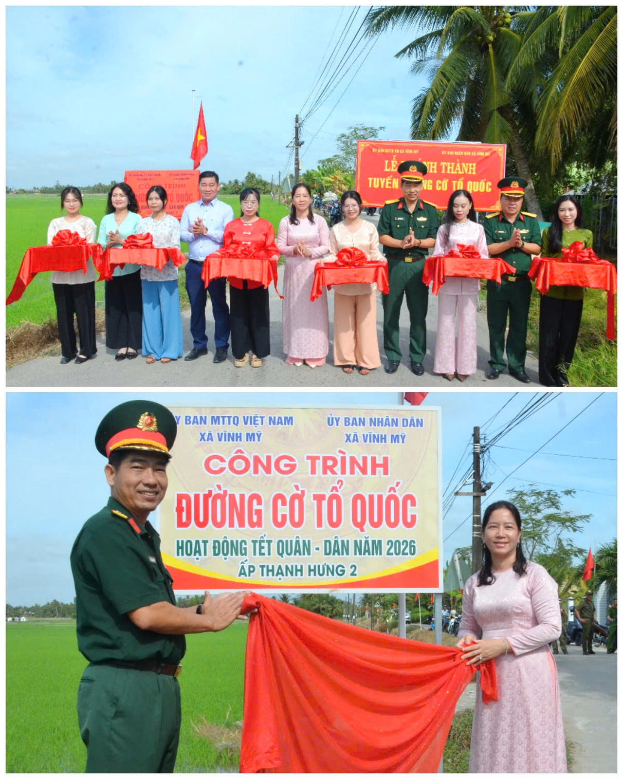 Đại biểu thực hiện nghi thức cắt băng khánh thành và kéo bảng công trình tuyến đường cờ Tổ quốc.