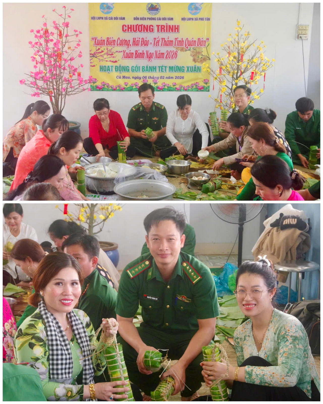 Cán bộ, chiến sĩ Đồn Biên phòng Cái Đôi Vàm phối hợp hội viên Hội Liên hiệp Phụ nữ xã Cái Đôi Vàm và xã Phú Tân tổ chức gói bánh tét phục vụ chương trình “Xuân Biên phòng ấm lòng dân bản”.