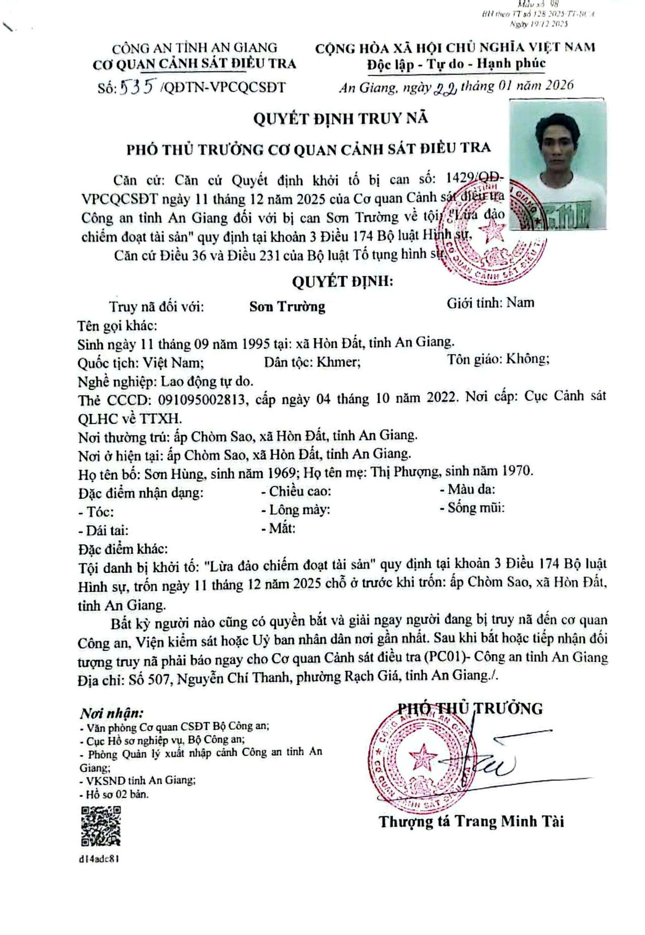 Quyết định truy nã đối tượng Sơn Trường