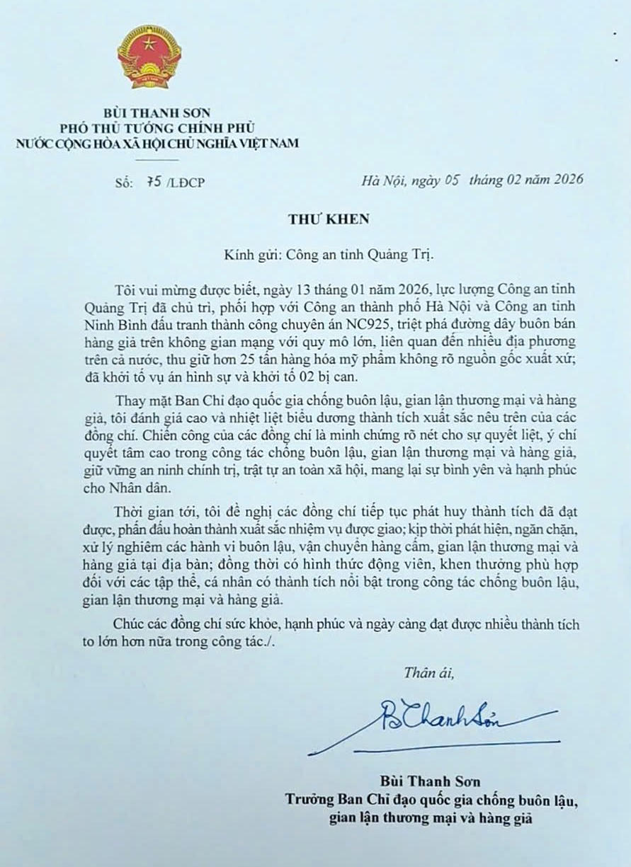 Thư khen của Phó Thủ tướng Chính phủ Bùi Thanh Sơn gửi Công an tỉnh Quảng Trị.