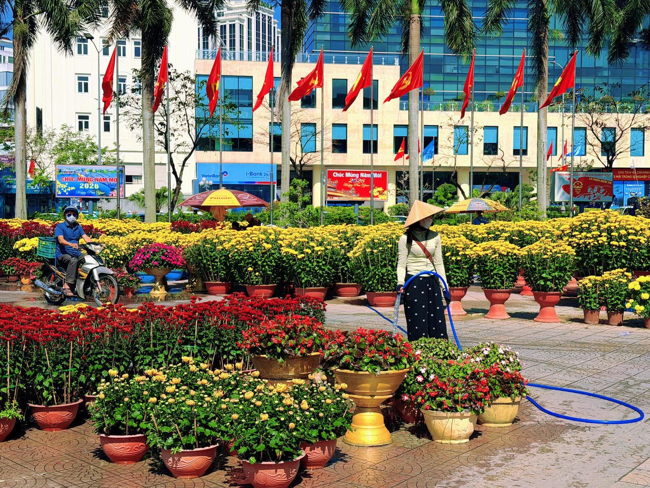 Người bán tưới nước cho cây hoa.