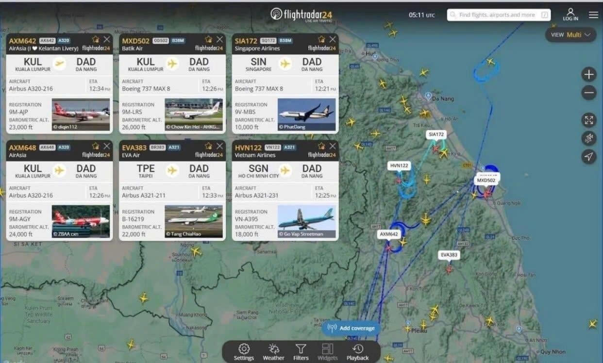 Dữ liệu theo dõi trên hệ thống giám sát hành trình bay cho thấy nhiều chuyến bay phải bay chờ, điều chỉnh tiếp cận khi xuất hiện vật thể bay lạ nghi là flycam gần sân bay Đà Nẵng.