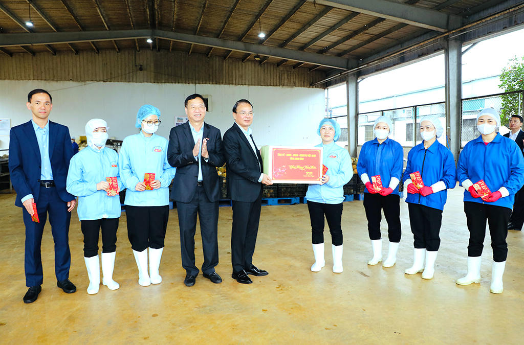Bí thư Tỉnh ủy Ninh Bình Đặng Xuân Phong tặng quà công nhân Công ty cổ phần Thực phẩm xuất khẩu Đồng Giao. (Ảnh: Nguyễn Thơm)