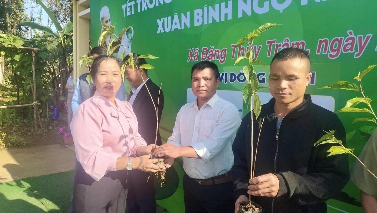 Lãnh đạo xã Đặng Thùy Trâm trao tặng giống cây hoa mai anh đào cho bà con địa phương.&nbsp;