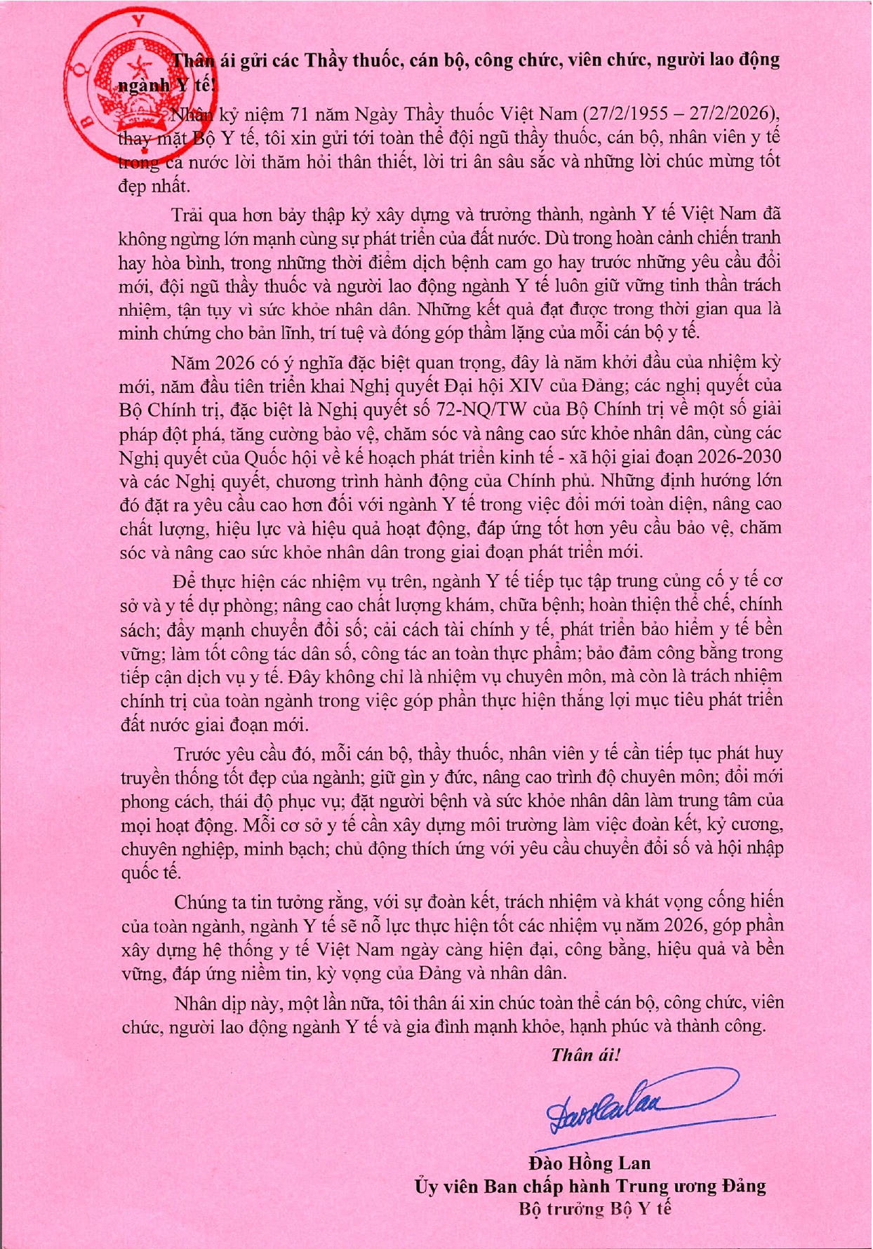 Thư chúc mừng ngành Y tế của Bộ trưởng Bộ Y tế.