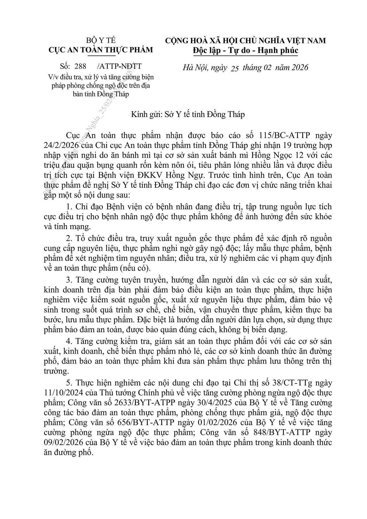 Văn bản của&nbsp;Cục An toàn thực phẩm (Bộ Y tế) gửi&nbsp;Sở Y tế tỉnh Đồng Tháp