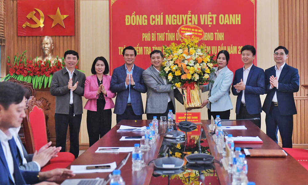 Chủ tịch HĐND tỉnh Bắc Ninh Nguyễn Việt Oanh tặng hoa chức mừng xã Nam Dương.