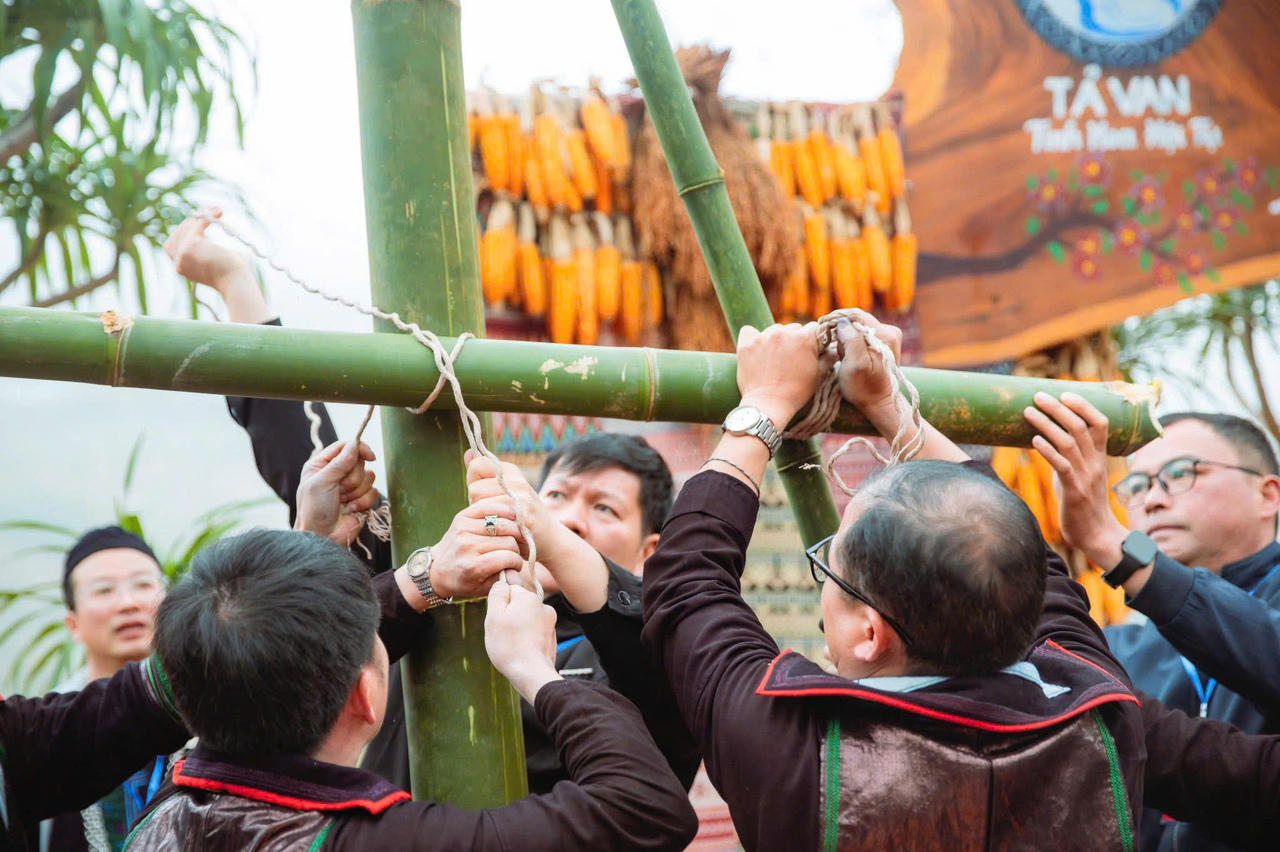 Nghi thức dựng cây nêu mở đầu Lễ hội Gầu Tào tại bản Cát Cát, gửi gắm ước vọng về một năm mới bình an, may mắn.