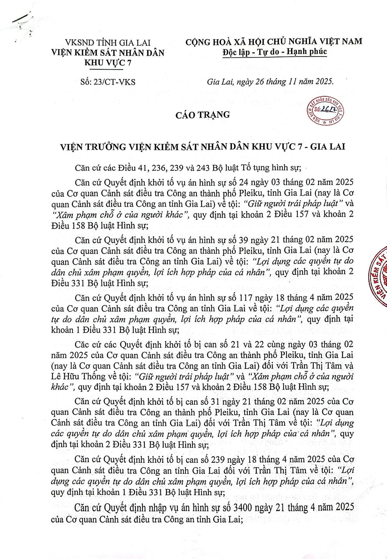 Cáo trạng của VKSND Khu vực 7 Gia Lai. 