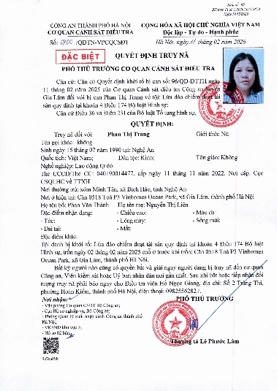 Quyết định truy nã đối tượng Phan Thị Trang