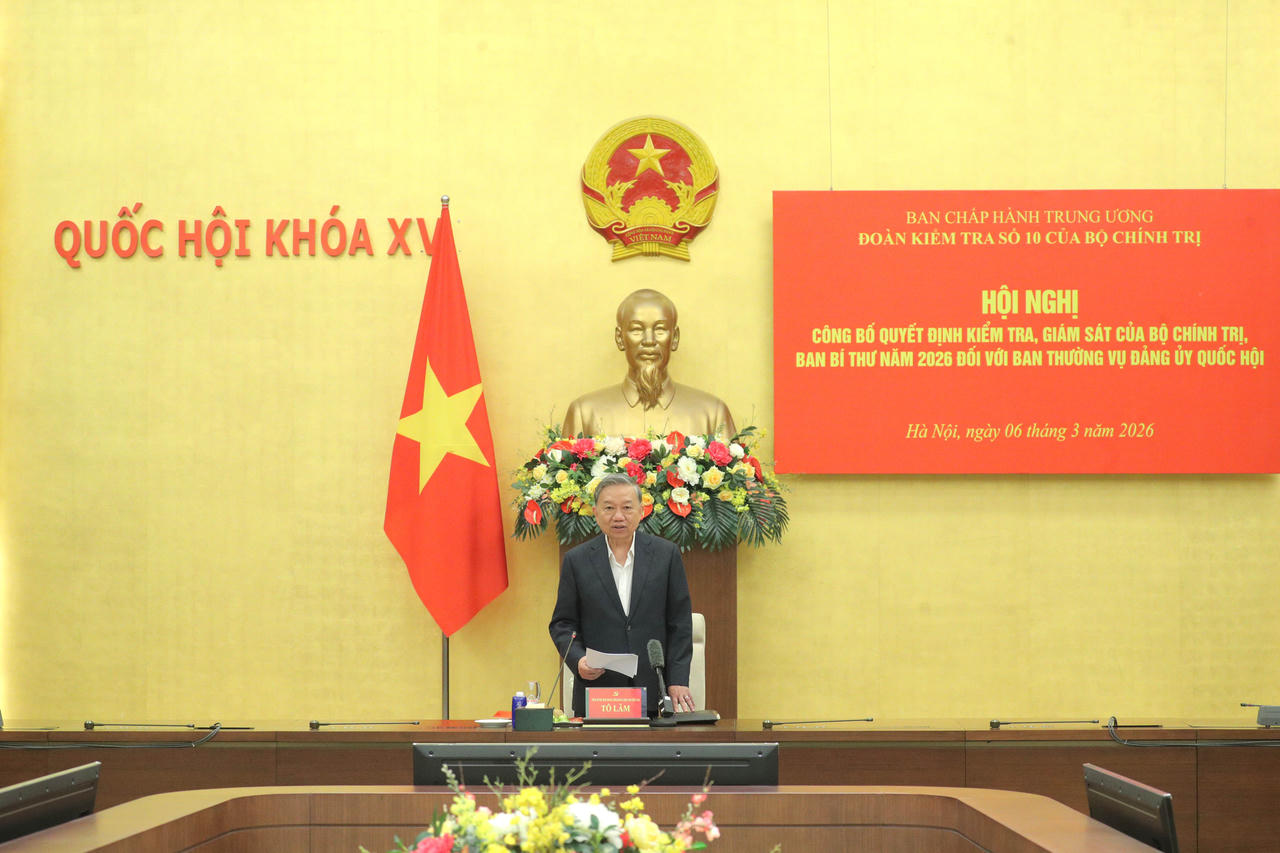 Tổng Bí thư Tô Lâm chủ trì Hội nghị công bố quyết định kiểm tra, giám sát của Bộ Chính trị, Ban Bí thư năm 2026 đối với Ban Thường vụ Đảng ủy Quốc hội. Ảnh: Hồ Long