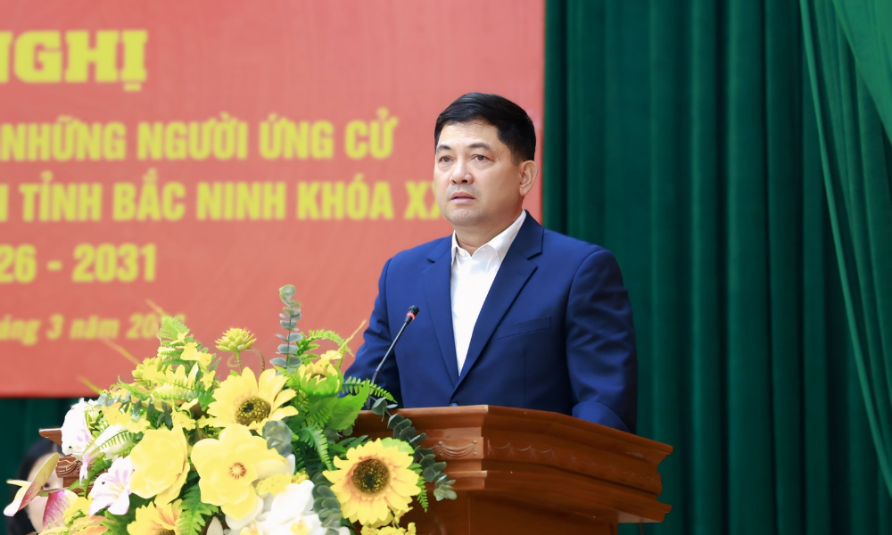 Ứng cử viên Nguyễn Hồng Thái, Ủy viên Trung ương Đảng, Bí thư Tỉnh ủy trình bày chương trình hành động.