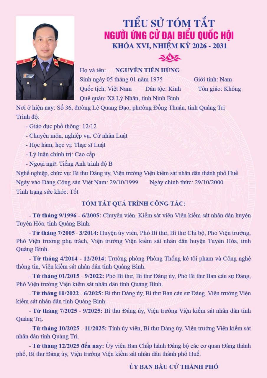 Ông Nguyễn Tiến Hùng (Kiểm sát viên cao cấp), được bổ nhiệm giữ chức Viện trưởng Viện KSND TP Huế từ ngày 20/11/2025.