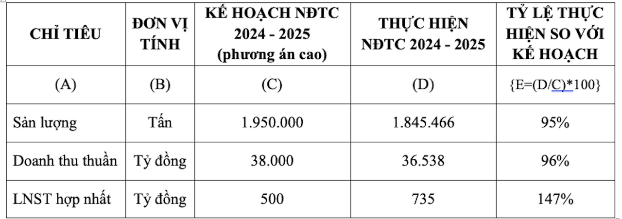 Kết quả kinh doanh hợp nhất của Tập đoàn Hoa Sen trong NĐTC 2024 - 2025.