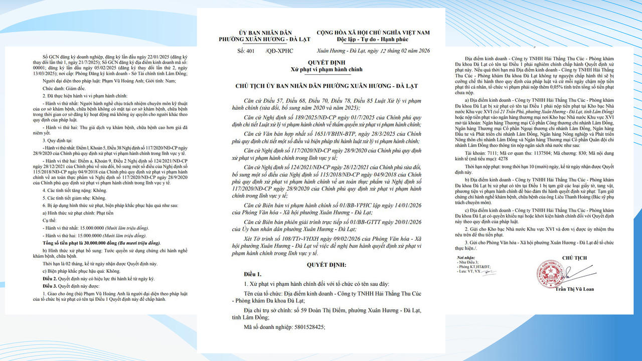  Công ty Hải Thắng Thu Cúc - Phòng khám Đa khoa Đà Lạt tiếp tục bị xử phạt vi phạm hành chính