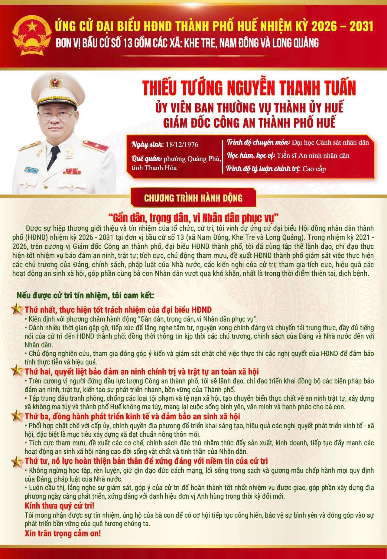 Tiểu sử của&nbsp;Thiếu tướng Nguyễn Thanh Tuấn, Giám đốc Công an TP Huế.