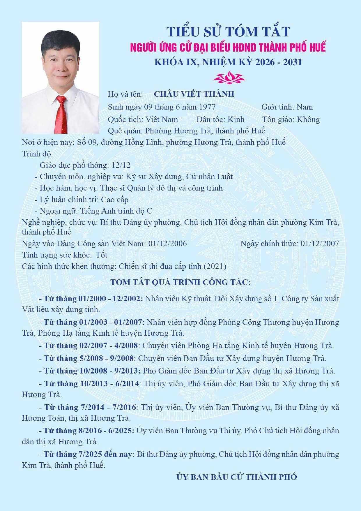 Tiểu sử của ứng viên HĐND TP Huế Châu Viết Thành.