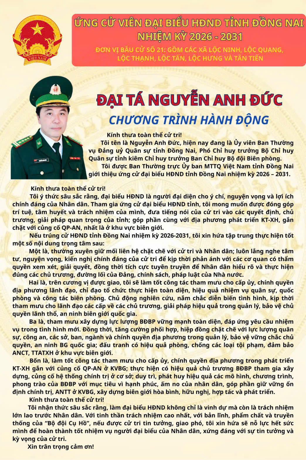 Chương trình hành động Đại tá Nguyễn Anh Đức ứng cử đại biểu HĐND tỉnh Đồng Nai nhiệm kỳ 2026 – 2031