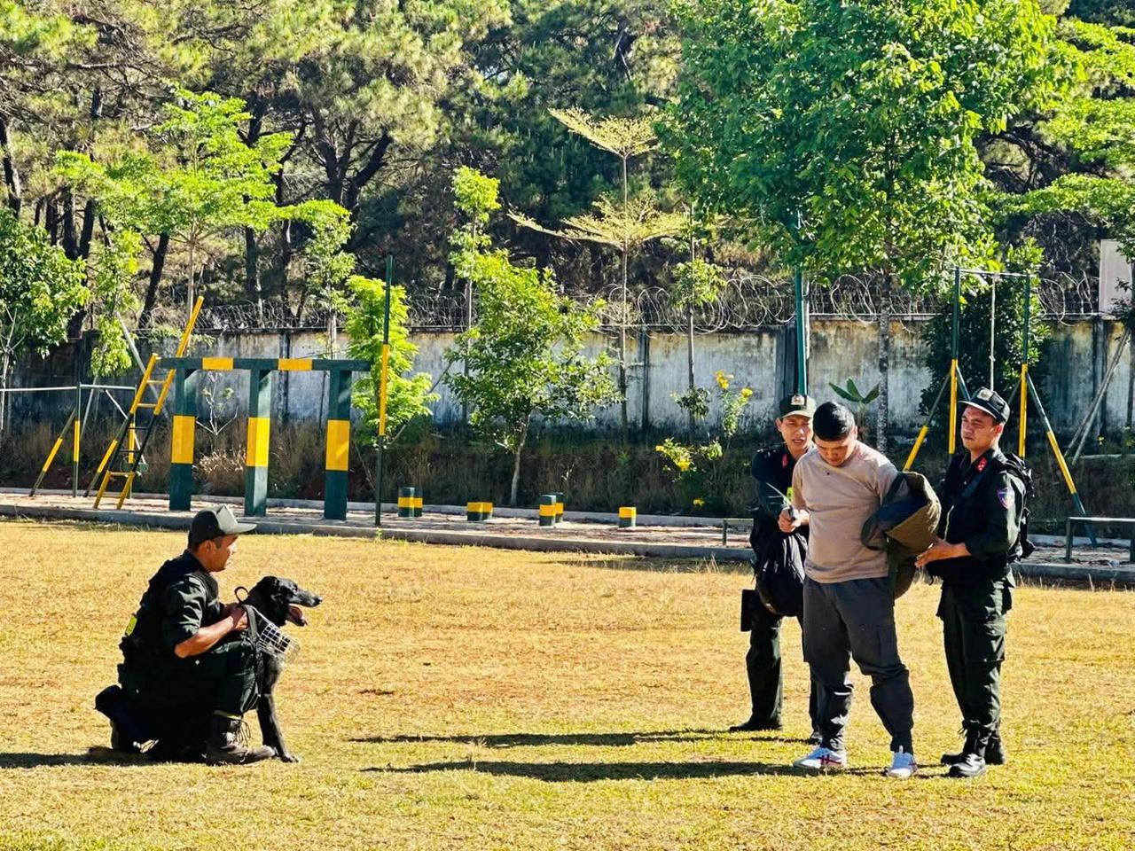 Diễn tập tình huống tấn công tội phạm có sự phối hợp của động vật nghiệp vụ.