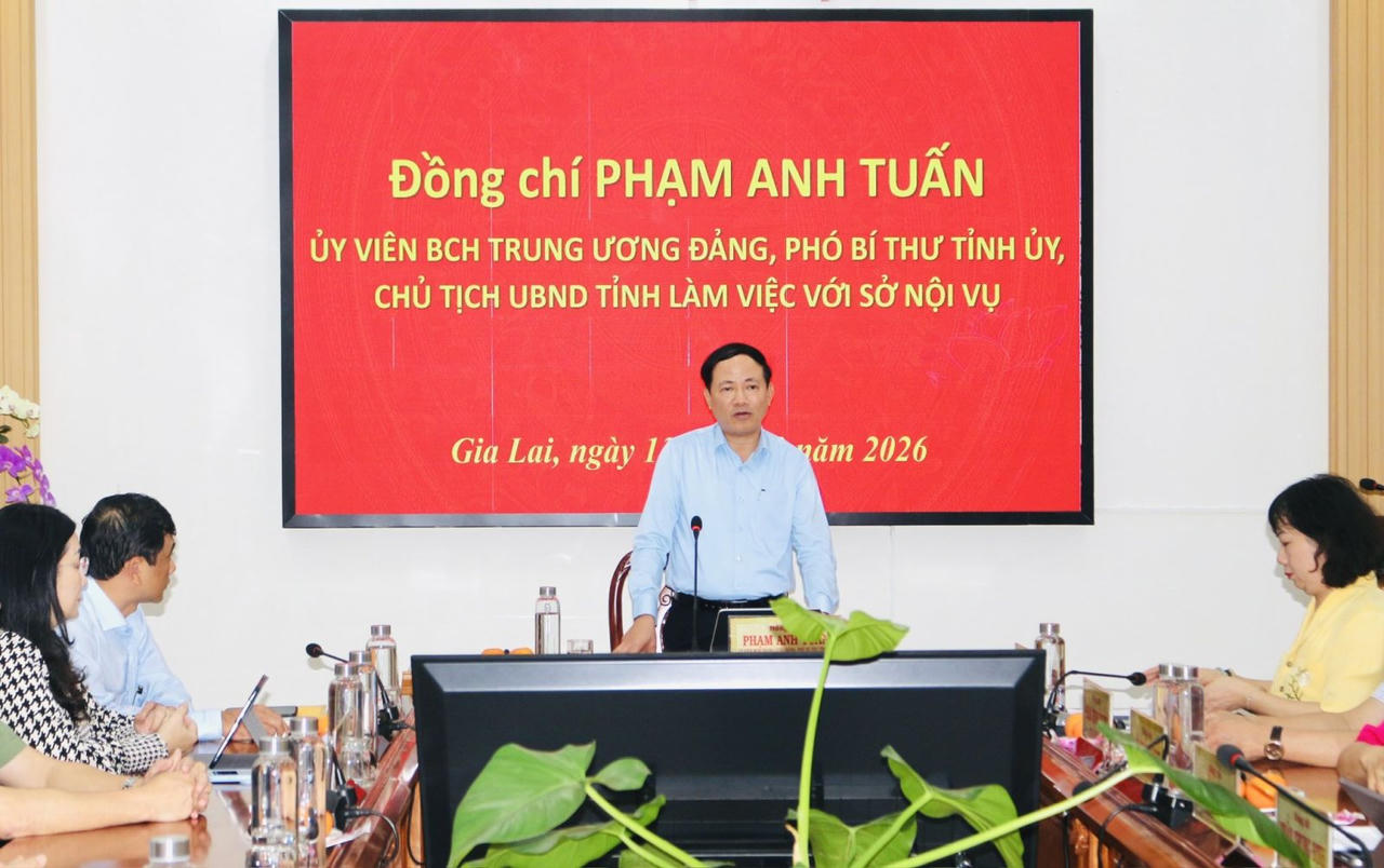 Ông Phạm Anh Tuấn - Chủ tịch UBND tỉnh Gia Lai phát biểu tại buổi làm việc. (Ảnh: Ngọc Minh)