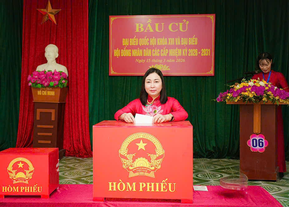 Phó Bí thư Thường trực Tỉnh ủy&nbsp;Đinh Thị Lụa&nbsp;dự lễ khai mạc và bỏ phiếu tại Khu vực bỏ phiếu số 6, phường Lý Thường Kiệt.