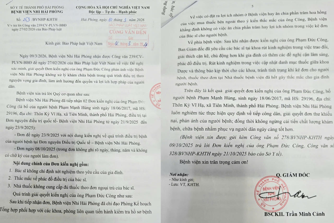 Bệnh viện Nhi Hải Phòng: Trả lời một số phản ánh của người dân liên quan khám, chữa bệnh
