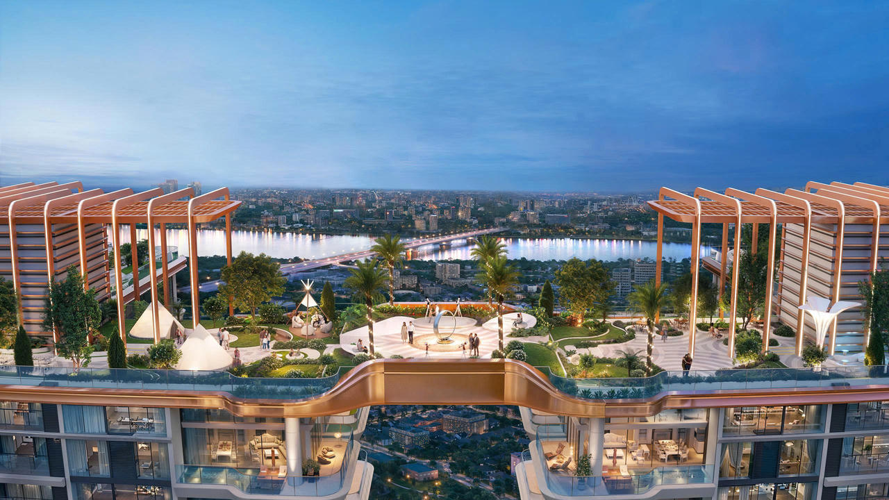 Cầu Khởi Nguyên tại tầng 35 kết nối hai tòa tháp, mở ra tầm nhìn rộng thoáng từ trên cao.