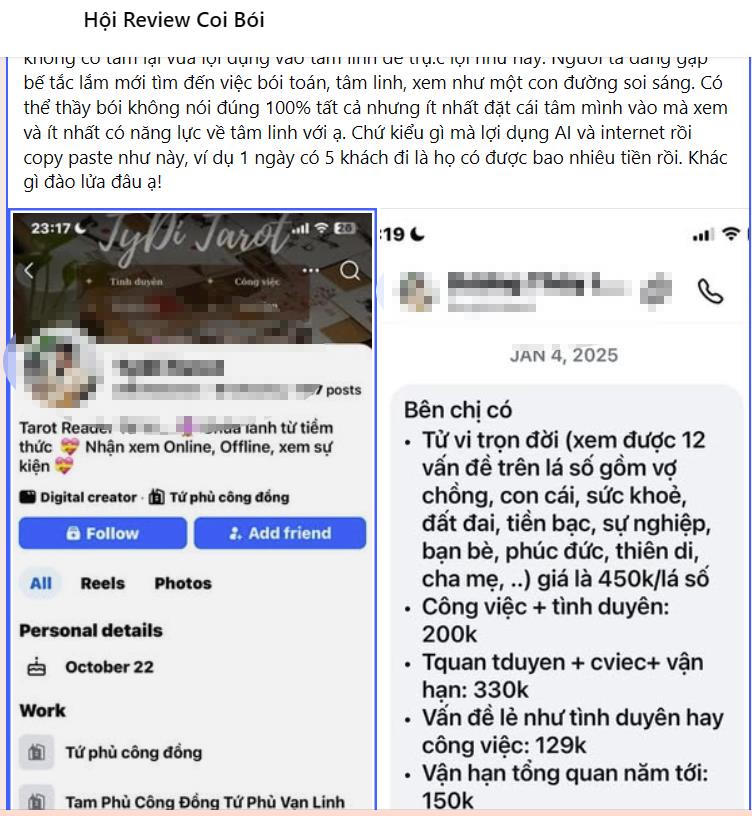 Xem bói online được quảng cáo trên mạng xã hội. (Ảnh chụp màn hình)