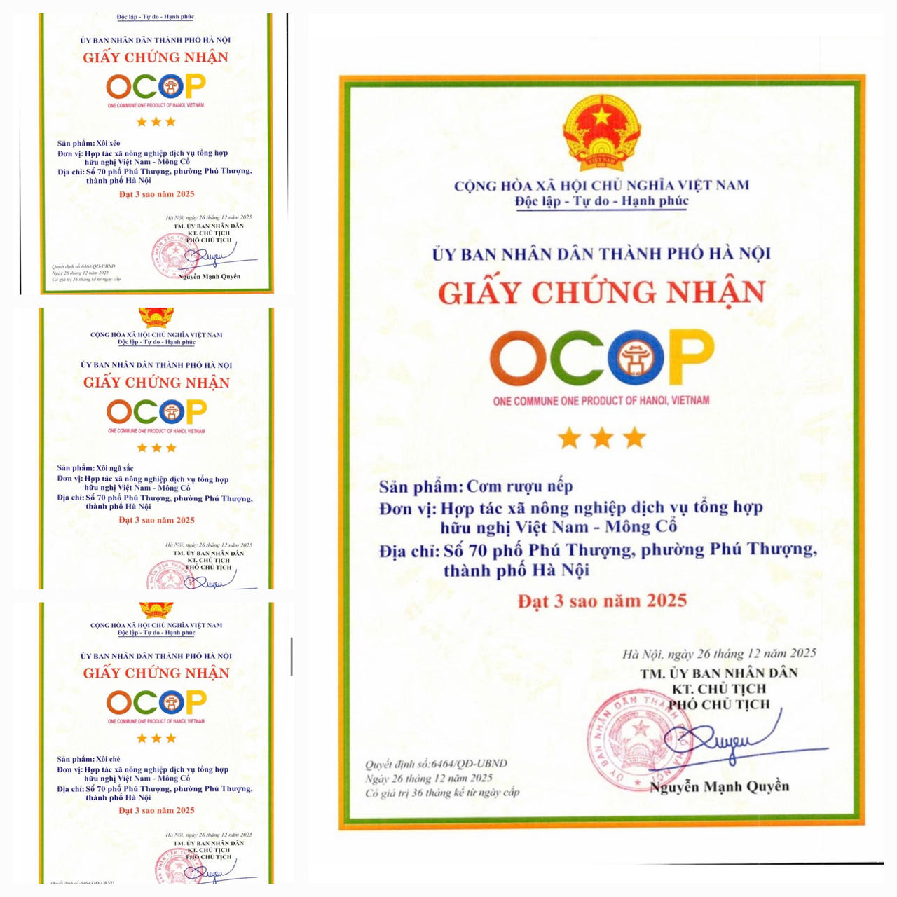 "4 sản phẩm gồm: xôi xéo - xôi chè - xôi ngũ sắc - cơm rượu nếp do Hợp tác xã nông nghiệp dịch vụ tổng hợp hữu nghị Việt Nam – Mông Cổ (địa chỉ số 70 phố Phú Thượng) sản xuất đã được chứng nhận OCOP 3 sao"