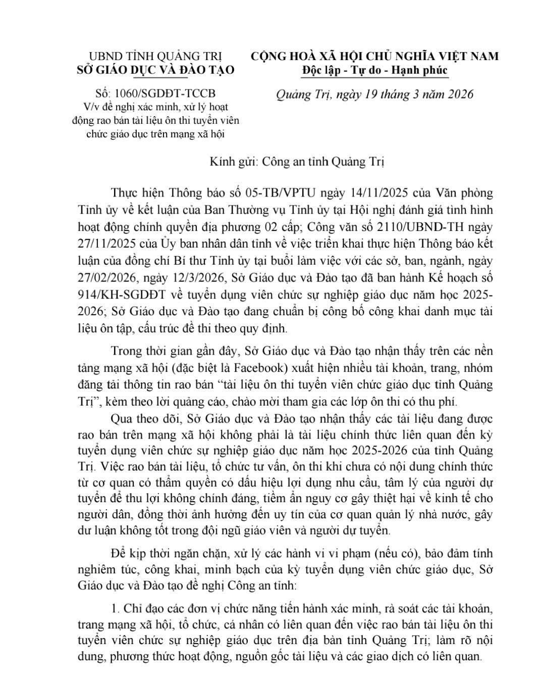 Công văn của Sở Giáo dục và Đào tạo tỉnh Quảng Trị đề nghị Công an tỉnh vào cuộc xác minh.