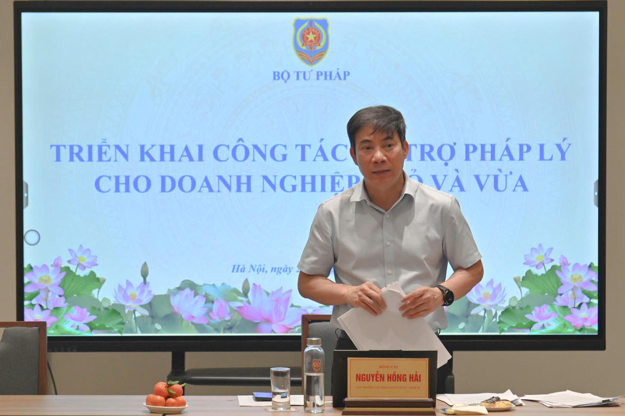 Cục trưởng Cục Pháp luật dân sự - kinh tế Nguyễn Hồng Hải phát biểu tại cuộc họp.