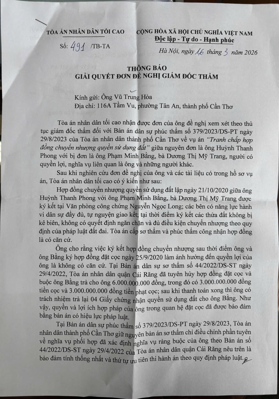 Văn bản của TAND tối cao. (Ảnh: Đình Thương)