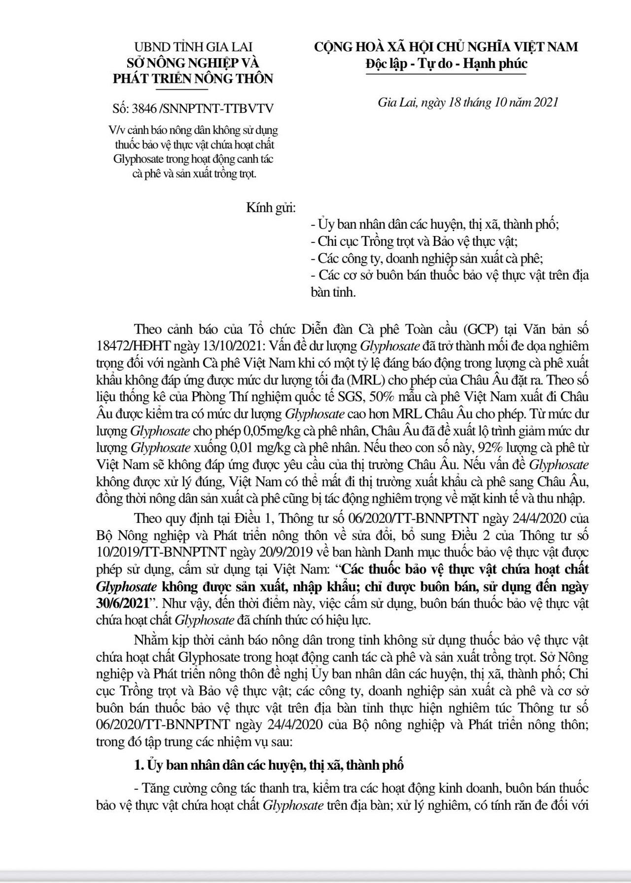 Ngay từ tháng 10/2021, Sở NN&MT Gia Lai đã thông báo về việc cấm thuốc BVTV có chứa Glyphosate. 