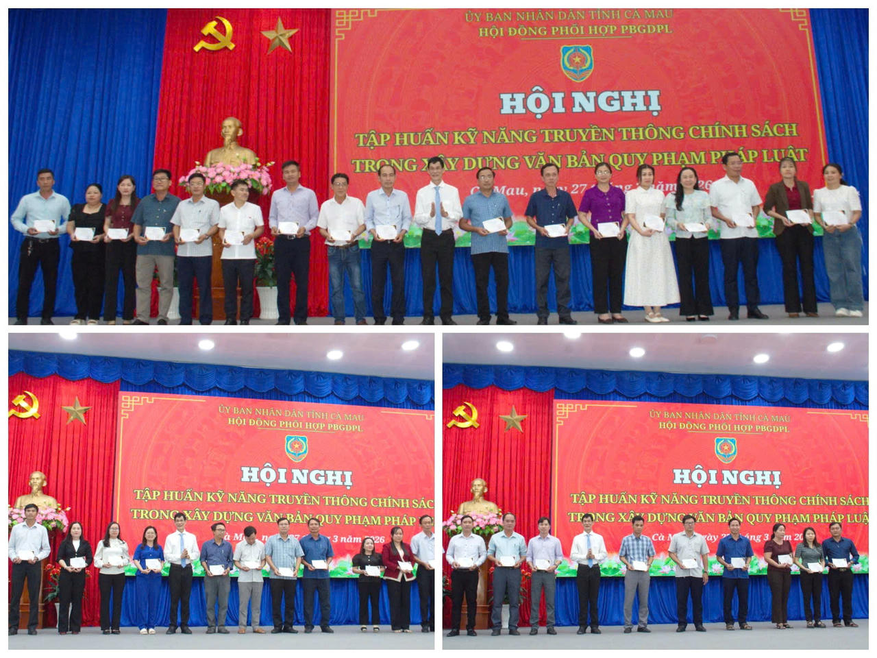 TS. Phạm Quốc Sử trao Giấy xác nhận của Hội đồng Phối hợp phổ biến, giáo dục pháp luật tỉnh Cà Mau cho các đại biểu đã hoàn thành khóa tập huấn kỹ năng truyền thông chính sách trong xây dựng văn bản quy phạm pháp luật năm 2026.