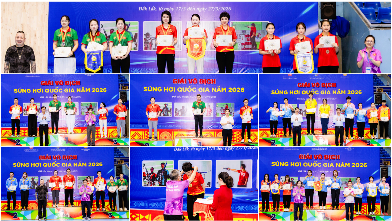 Ban Tổ chức vinh danh, trao huy chương cho các vận động viên đoạt giải ở các nội dung súng trường hơi, súng ngắn hơi và nội dung hỗn hợp. (Ảnh: Đại Đậu)
