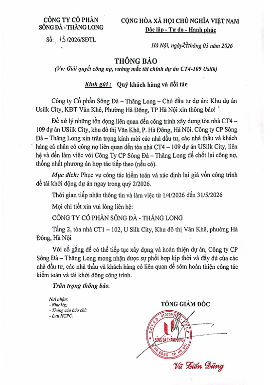 Thông báo được phía Chủ đầu tư ban hành gửi tới các đối tác nhằm giải quyết công nợ, vướng tài chính tại dự án CT4-109 Usilk