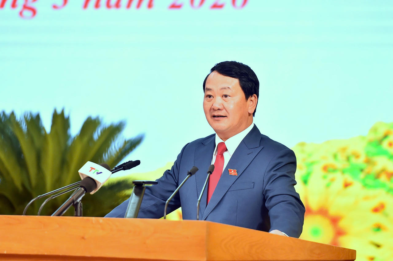 Ông Hầu A Lềnh, Bí thư Tỉnh ủy Tuyên Quang phát biểu tại buổi lễ. (Ảnh: Lê Hanh)