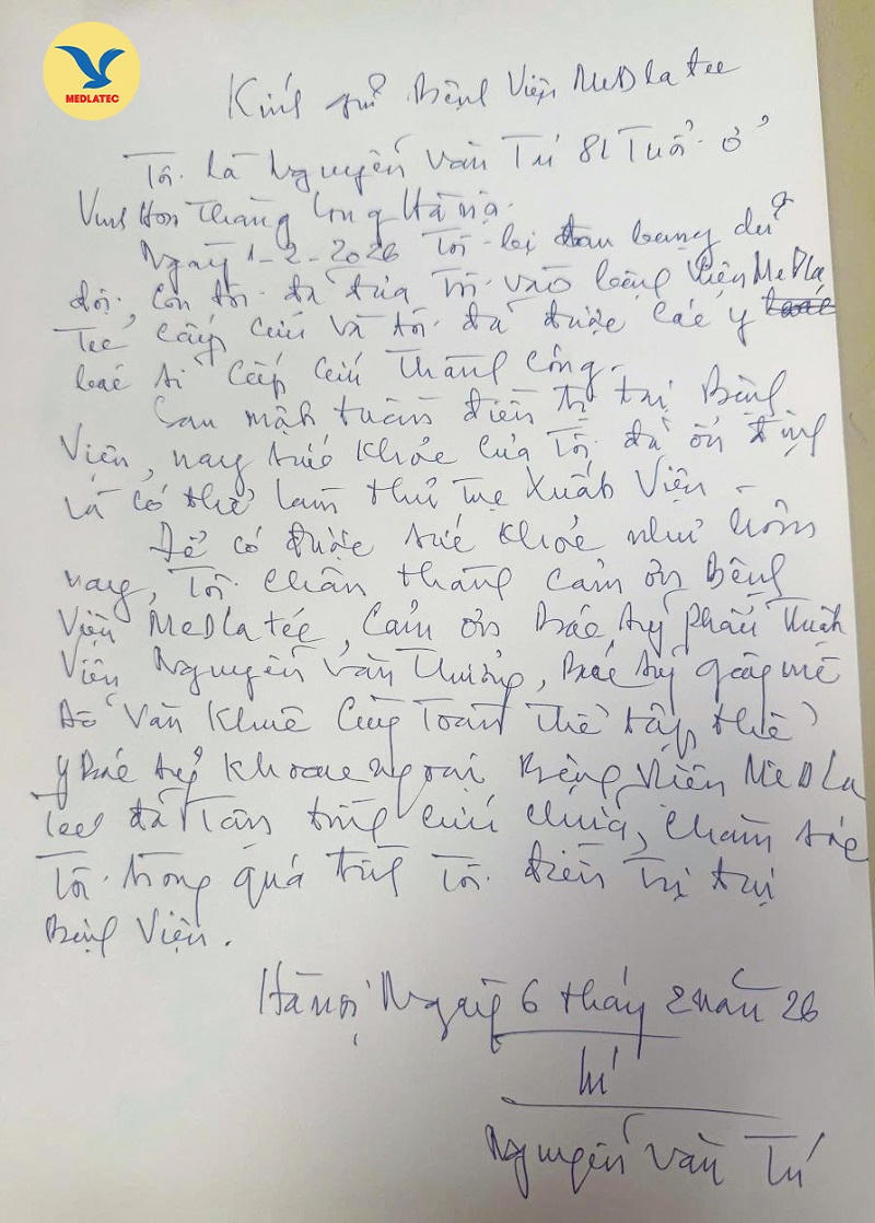 Thư cảm ơn của cụ Tú gửi ekip bác sĩ khoa Ngoại, Bệnh viện Đa khoa MEDLATEC.