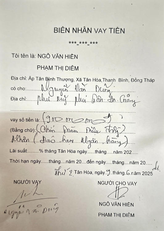 Biên nhận vay tiền của nguyên đơn