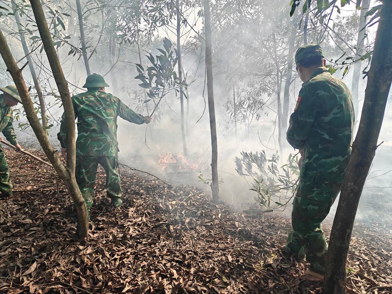 Lực lượng Bộ đội Biên phòng tiếp cận hiện trường, triển khai dập cháy, ngăn đám cháy lan rộng.