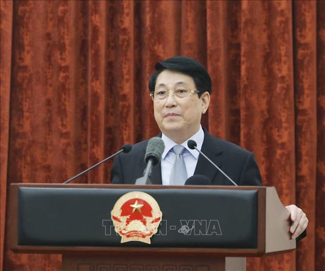 Đồng chí Lương Cường, nguyên Uỷ viên Bộ Chính trị, nguyên Chủ tịch nước phát biểu. Ảnh: Thống Nhất/TTXVN