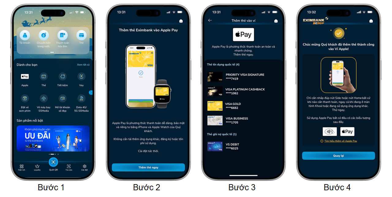 Khách hàng có thể thêm thẻ Eximbank Visa vào Apple Pay nhanh chóng thông qua ứng dụng Eximbank EDigi hoặc ứng dụng Wallet (Ví) trên các thiết bị Apple.