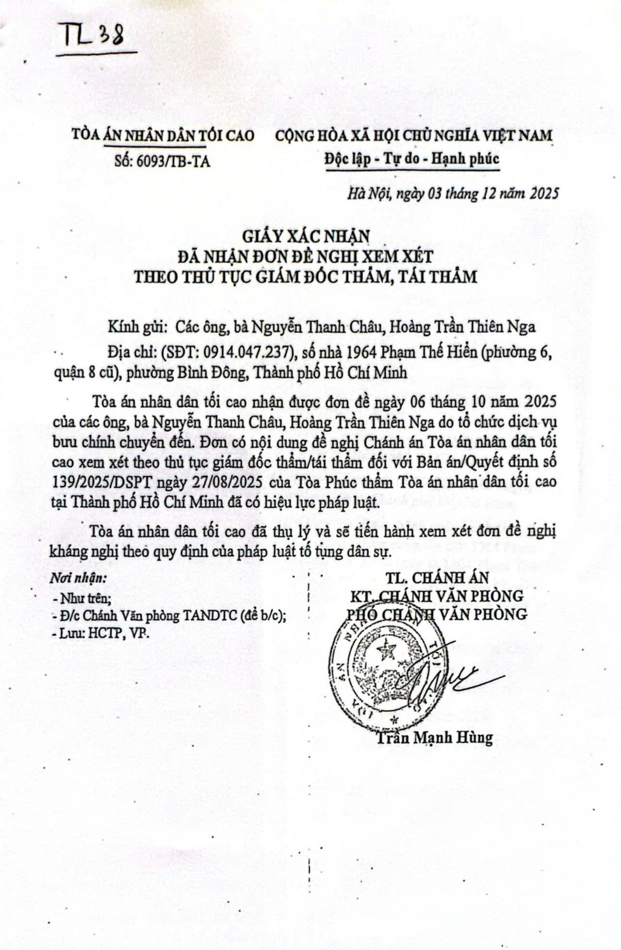 Thông báo của TAND tối cao. 