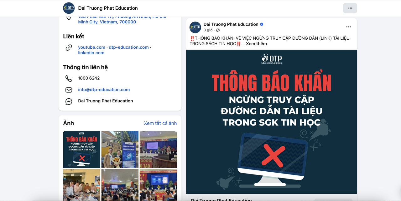 DTP ra thông báo khẩn về đường link trong sách tin học 3. Ảnh chụp màn hình