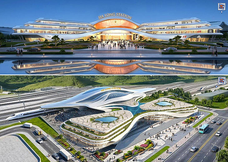 Phối cảnh phương án kiến trúc của công trình Nhà ga Hạ Long xanh - điểm cuối của Dự án Tuyến đường sắt tốc độ cao Hà Nội - Quảng Ninh.