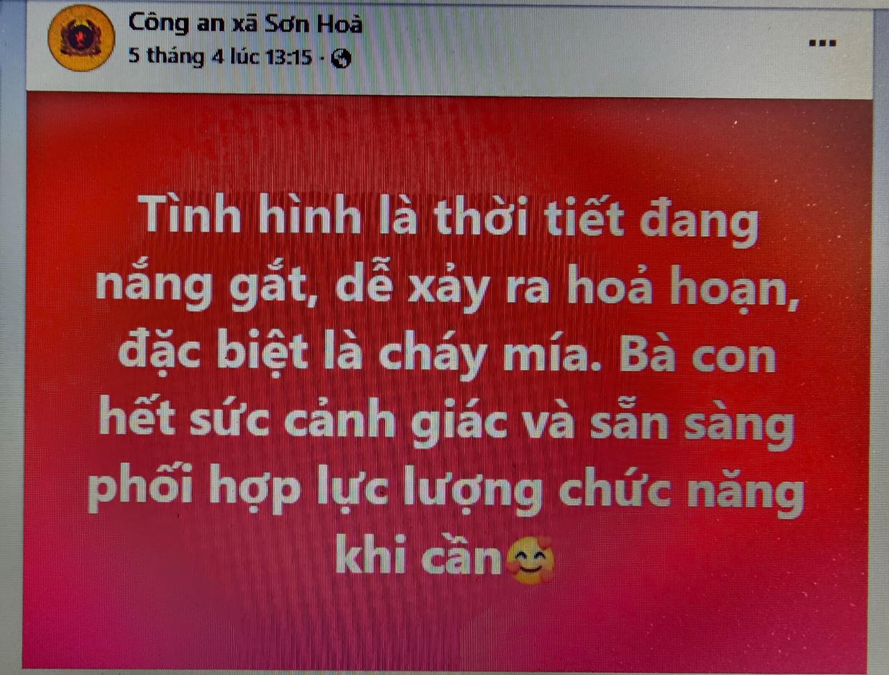 Công an xã Sơn Hòa (tỉnh Đắk Lắk) cảnh báo tới bà con nông dân.